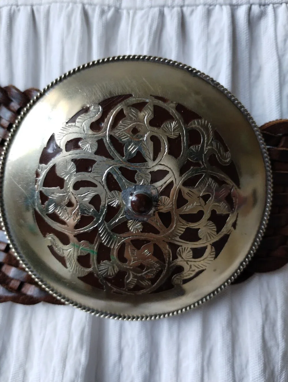 Woven Brown Leather Belt with Silver Tone Buckle S/M